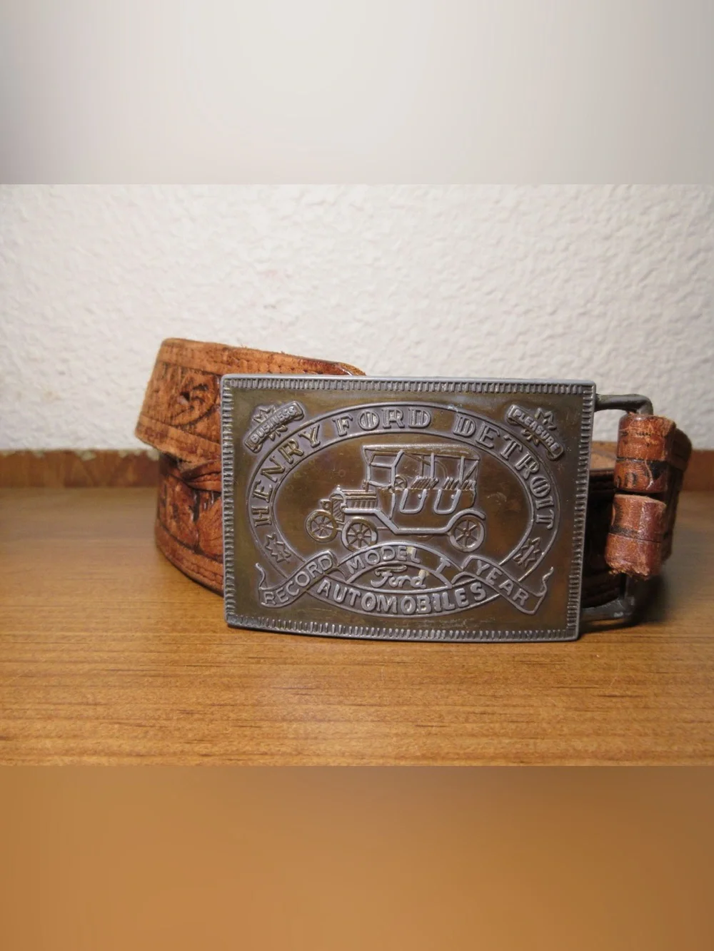Ford Silver-Tone Embossed Automobile Buckle with Brown Leather Belt